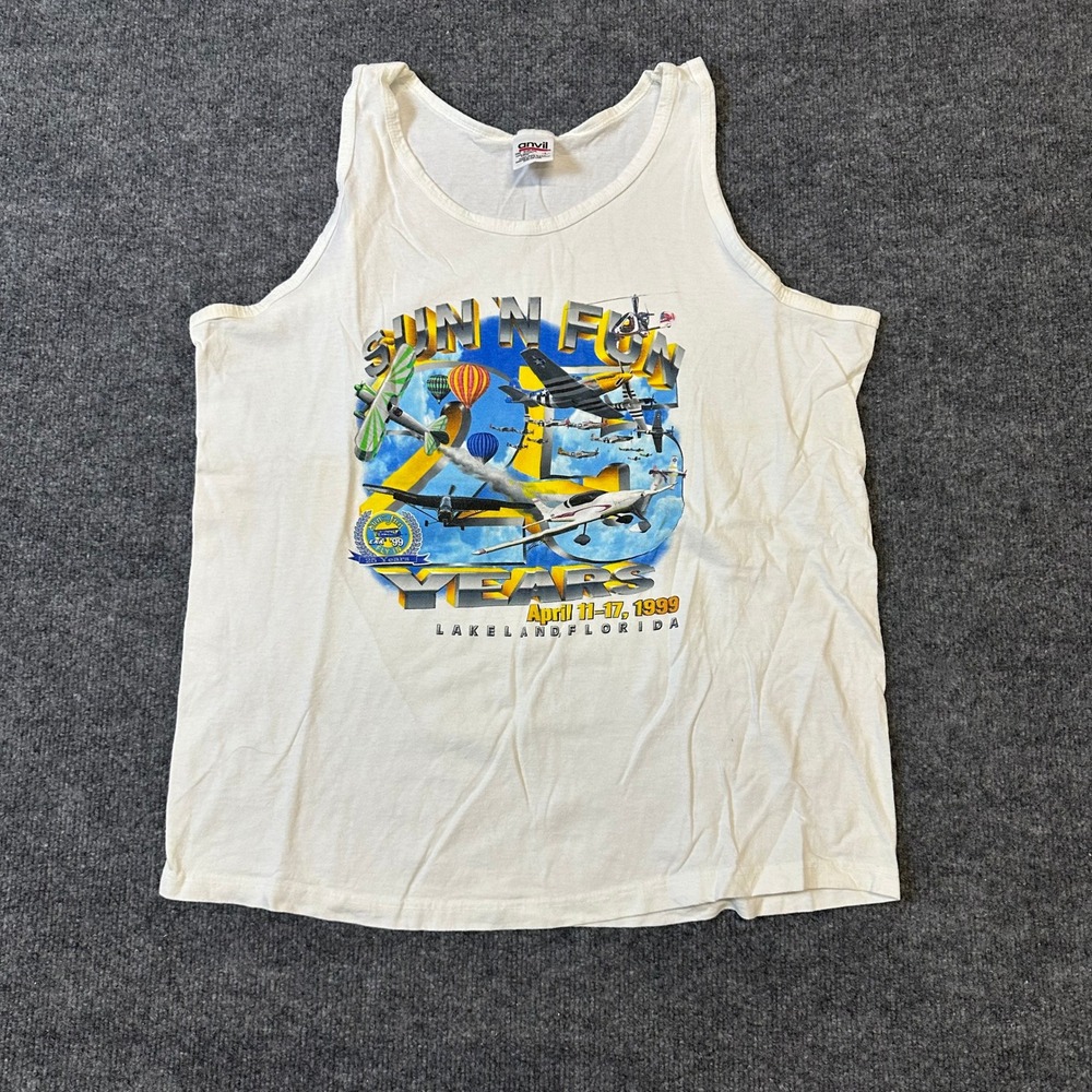 Anvil Tank Top Mens Size L White Vintage 1999 Sun N Fun Aviation Graphic Cotton